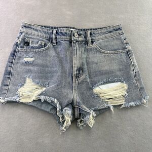 Kancan Shorts Womens Blue Cutoff Jean Light Wash High Rise Distressed Medium M